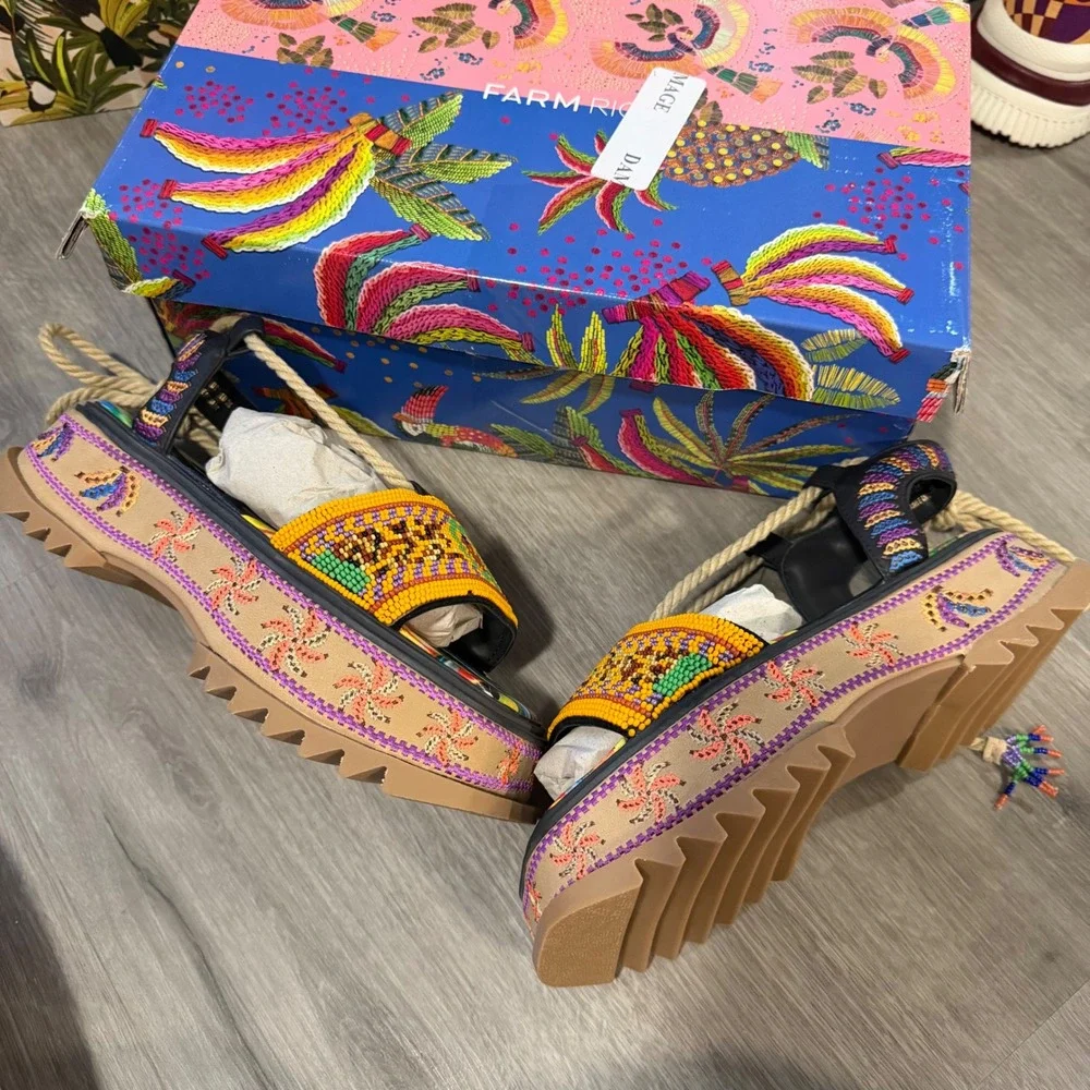 Farm Rio Beaded‎ Banana Flatform Sandals Black Multi Tropical Rope Tie Womens 7